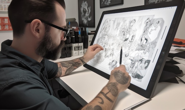 A man sits at a desk drawing a comic book.