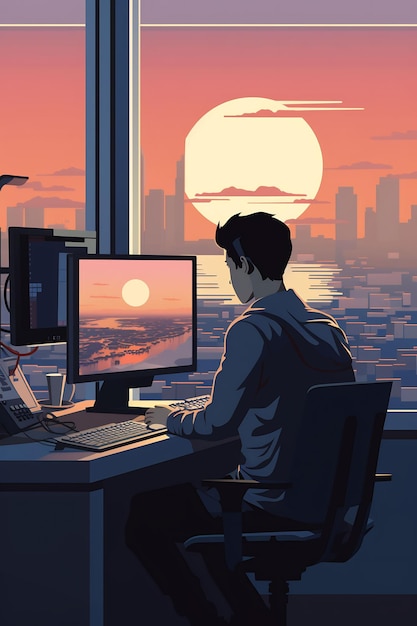 한 남자가 도시 풍경 앞 책상에 앉아 있고 그 뒤에는 달이 있다