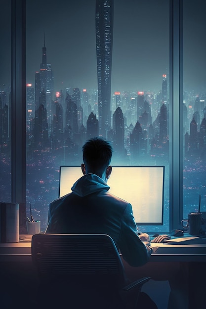 A man sits at a desk in front of a cityscape with a night scene in the background.