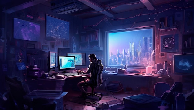 A man sits at a desk in front of a cityscape.