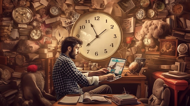 A man sits at a desk in front of a clock that says'time is 10 : 30 '