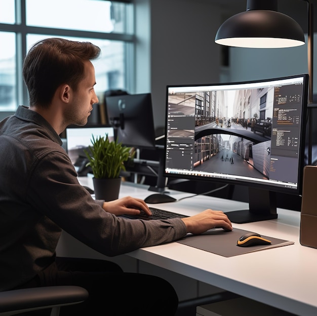 a man sits at a desk in front of a computer monitor.