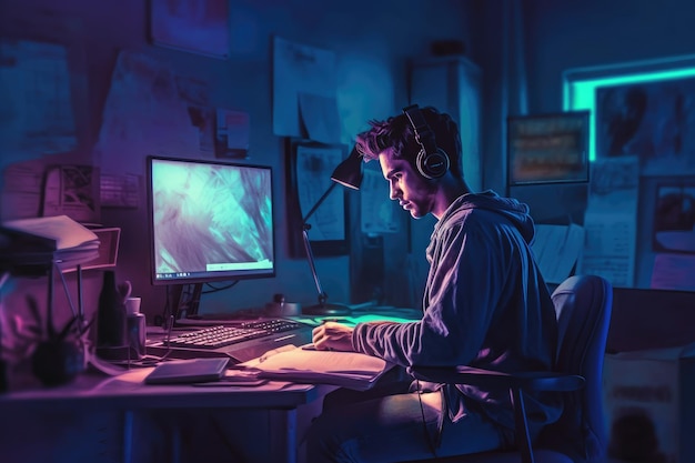 A man sits at a desk in front of a computer screen that says'cyber monday '