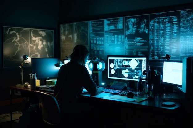 '사이버 범죄'라고 적힌 컴퓨터 화면 앞 책상에 앉아 있는 남성