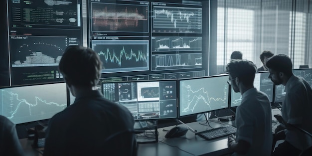 A man sits at a desk in front of a computer screen that says'data exchange '