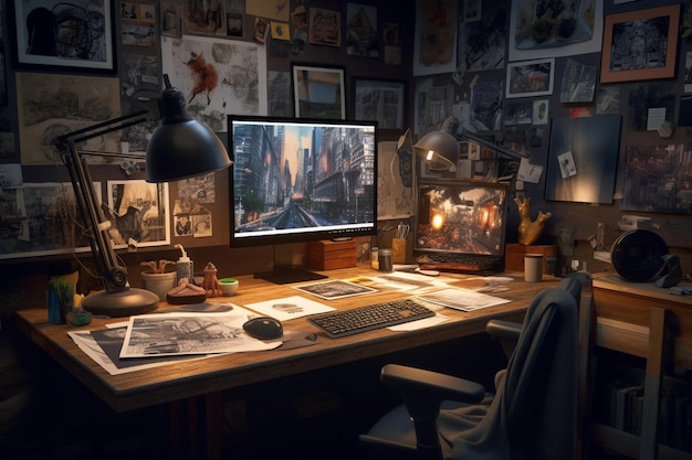 '게임이 진행 중입니다'라고 적힌 컴퓨터 화면 앞 책상에 앉아 있는 남성