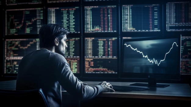 A man sits at a desk in front of a computer screen with a graph showing a stock market.