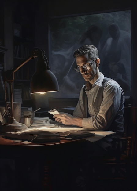 A man sits at a desk in front of a lamp that reads a letter.