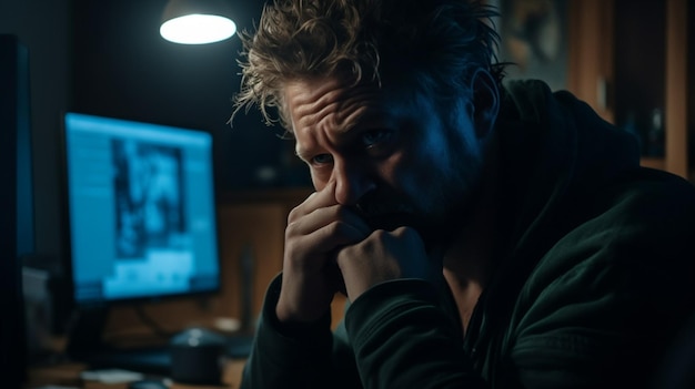 A man sits at a desk in front of a monitor that says'the word'on it '