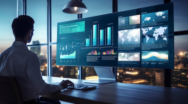 A man sits at a desk in front of a monitor with the words'financial data'on it.