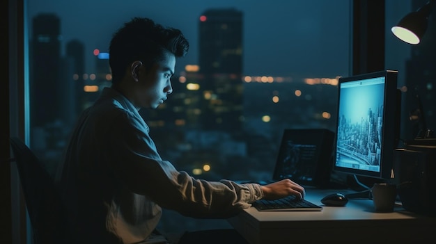 A man sits at a desk in front of a night cityscape.