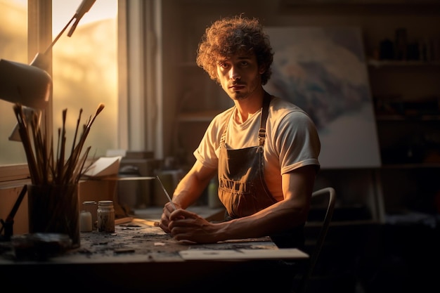 A man sits at a desk in front of a painting.