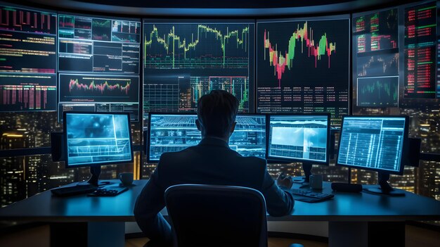 男性は証券取引所という文字が表示されたコンピューター画面の列の前の机に座っています。
