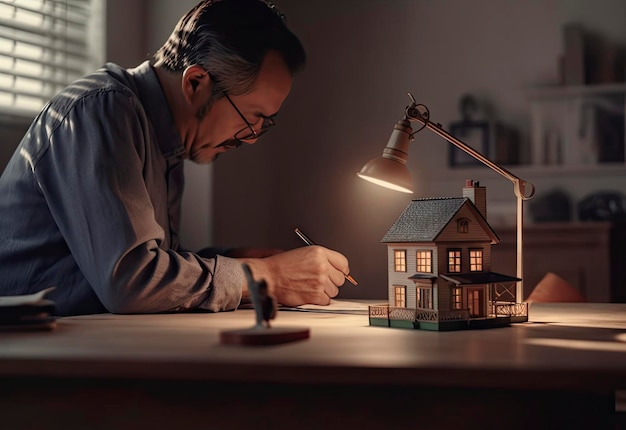 Мужчина сидит за письменным столом перед небольшим домиком, на котором стоит небольшая модель домика.