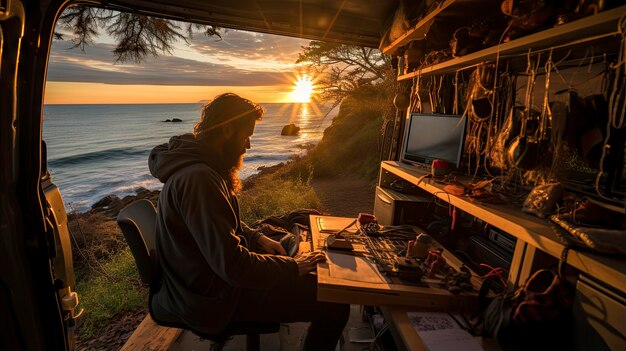 Photo a man sits at a desk in front of a sunset.