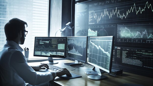 A man sits at a desk in front of a wall that says stock market.