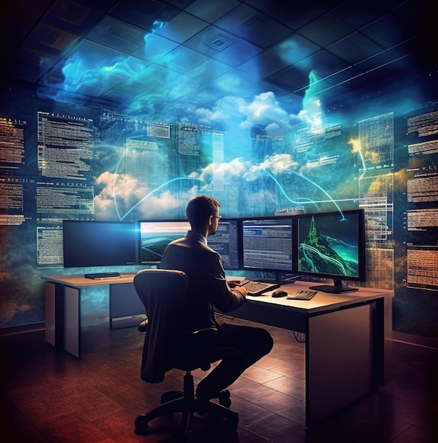 A man sits at a desk in front of a wall with a blue background with a cloud