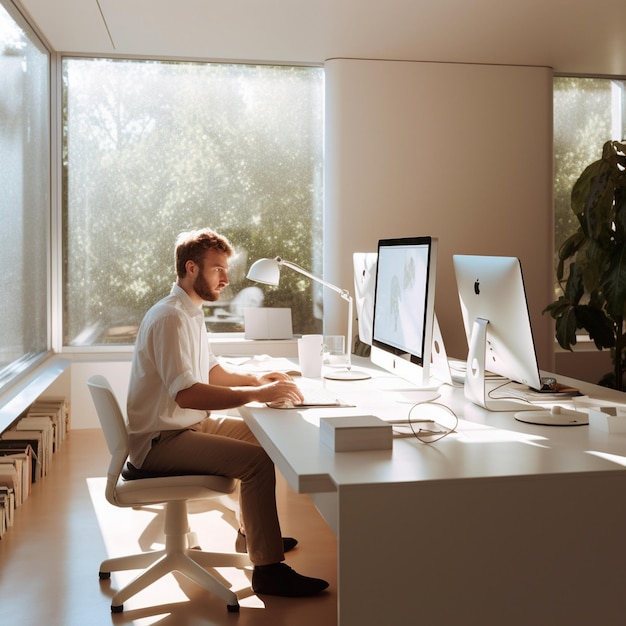 a man sits at a desk in front of a window with the apple logo on the left.