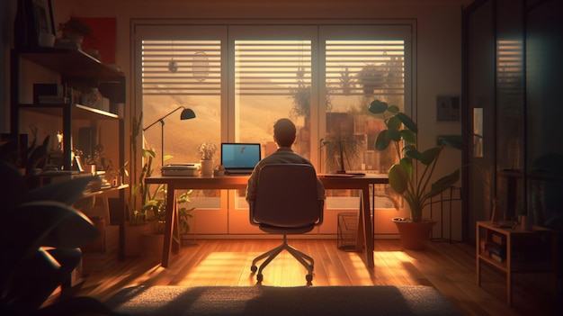 A man sits at a desk in front of a window with a plant on it.