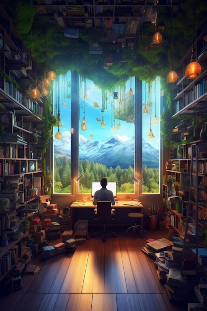 A man sits at a desk in a library with a mountain view.