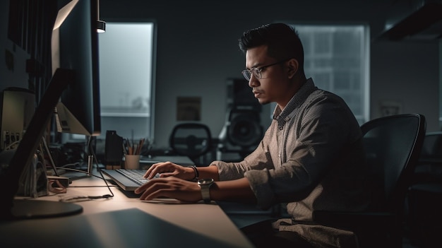 A man sits at a desk in an office, looking at a monitor that says'it's time to work '