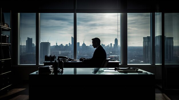 A man sits at a desk in an office with a view of the city skyline.