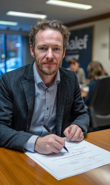 Photo man sits at desk and signs document