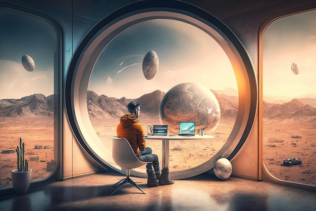 A man sits at a desk in a space station with a planet outside.