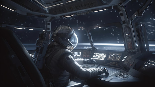 A man sits at a desk in a spaceship with the words space exploration on the screen.