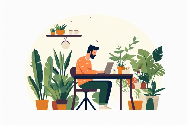 A man sits at a desk surrounded by plants and plants.