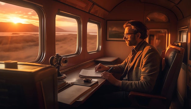 Foto un uomo seduto a una scrivania in un vagone del treno guarda il tramonto.