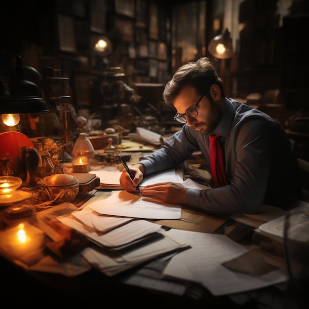 A man sits at a desk with a book and a lamp on it