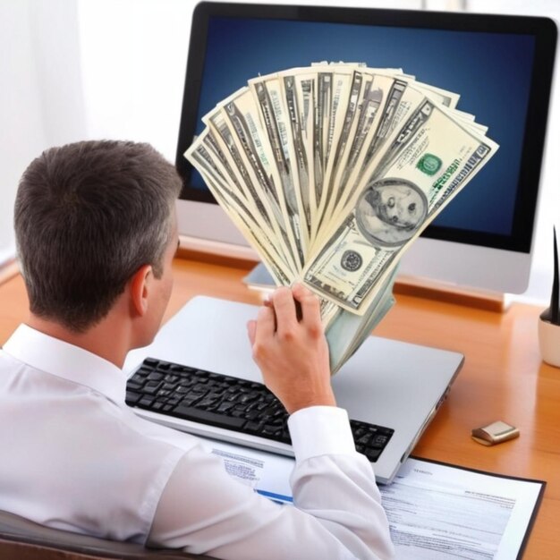 a man sits at a desk with a bunch of money in front of him