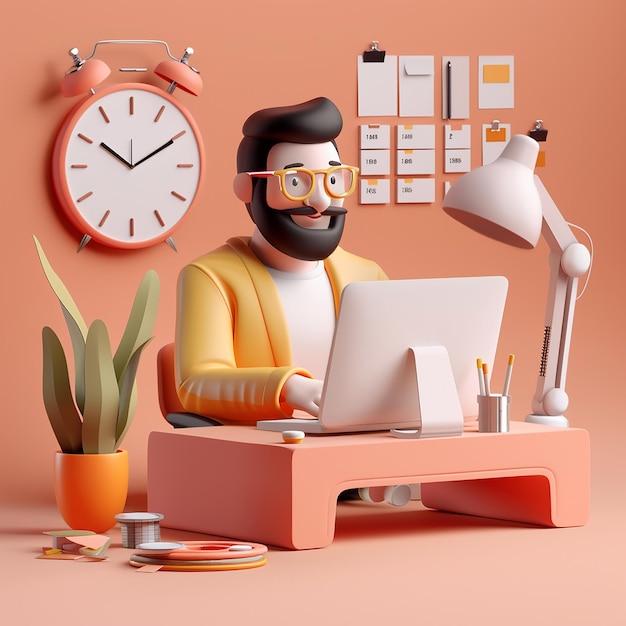 a man sits at a desk with a clock and a clock behind him