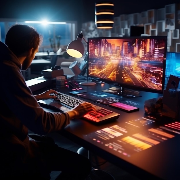 a man sits at a desk with a computer and a monitor with the word " x " on it.