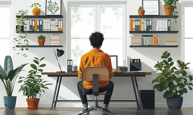 a man sits at a desk with a computer and a plant in the corner