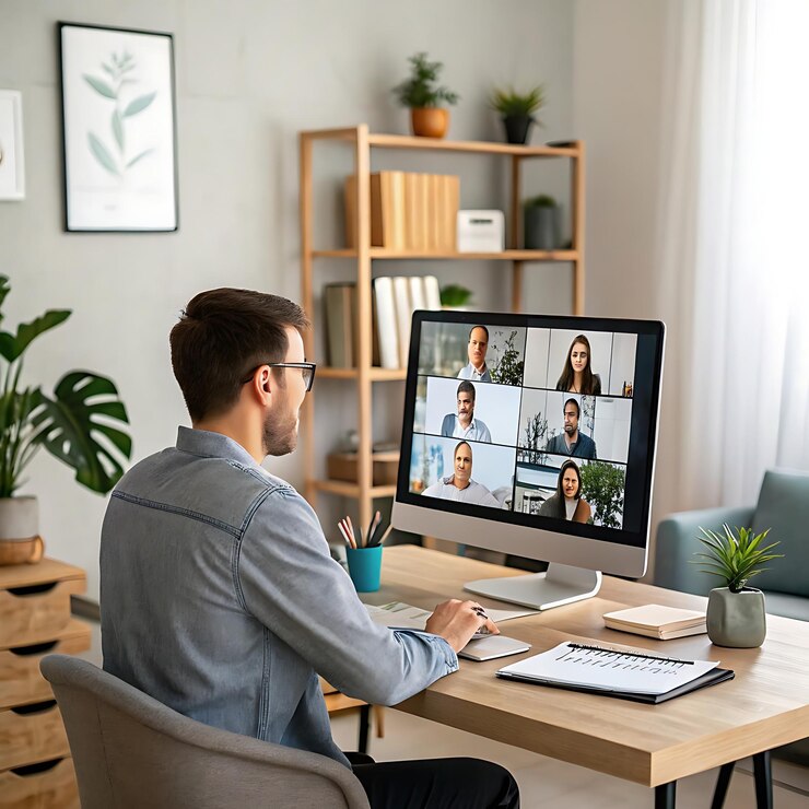 画面に人々のグループを表示するコンピュータスクリーンでデスクに座っている男性
