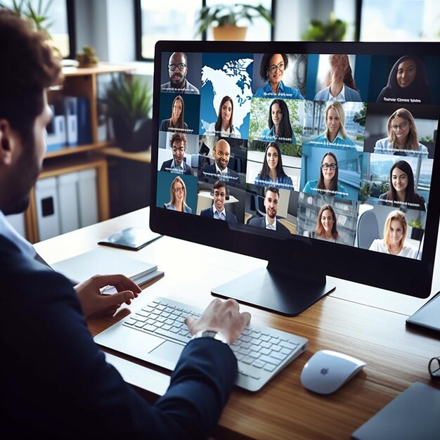 a man sits at a desk with a computer screen showing the people with different faces