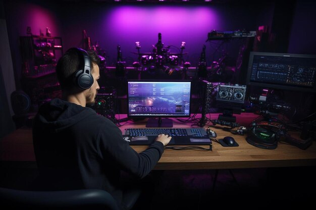 Photo a man sits at a desk with a computer and a soundboard