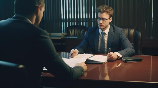 A man sits at a desk with a document in his hand.