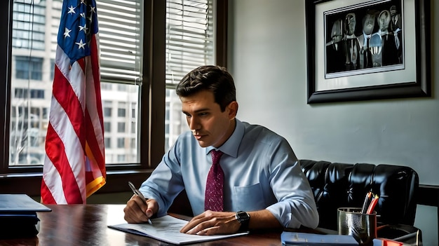 a man sits at a desk with a flag in the background