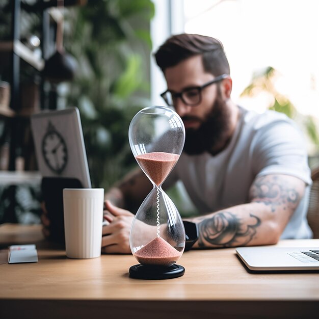 Foto un uomo si siede a una scrivania con un portatile e un orologio sullo sfondo.