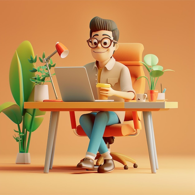 a man sits at a desk with a laptop and a cup of coffee