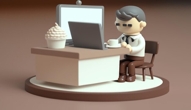 A man sits at a desk with a laptop and a cup of coffee.