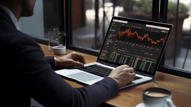 Photo a man sits at a desk with a laptop and a graph showing the time of 12  30