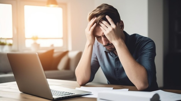 A man sits at a desk with a laptop and has his head in his hands.