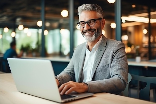 a man sits at a desk with a laptop and has a smile on his face