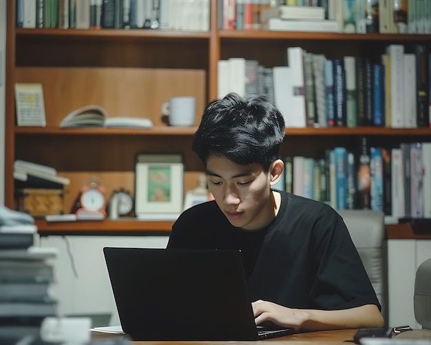 a man sits at a desk with a laptop on his lap