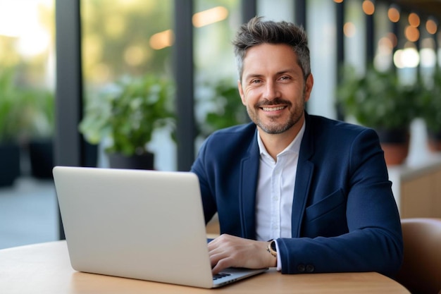 a man sits at a desk with a laptop and a plant in the background