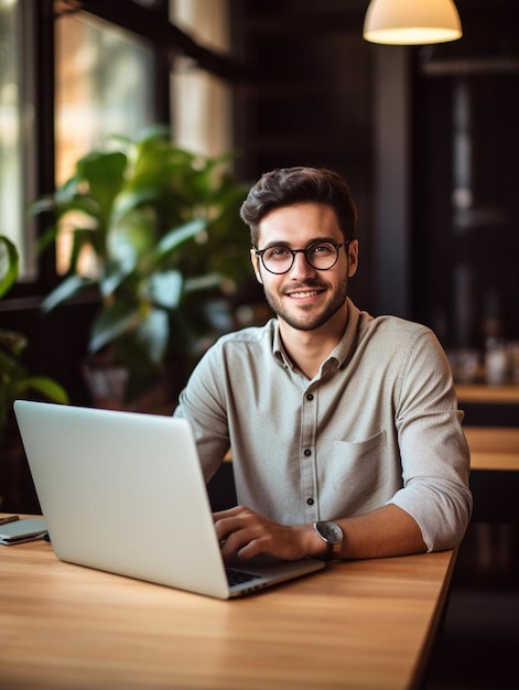 a man sits at a desk with a laptop and a plant in the background